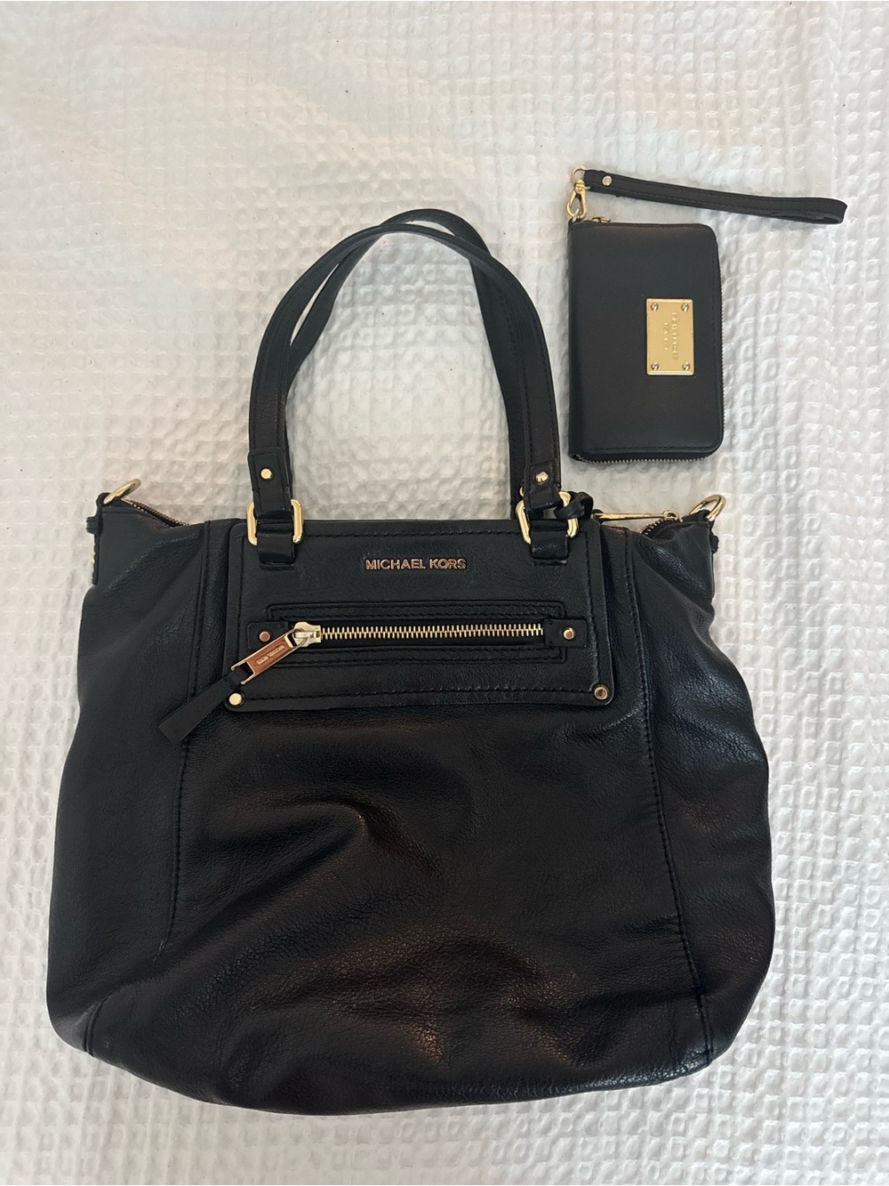 Michael Kors Black Leather Shoulder Tote with Wristlet